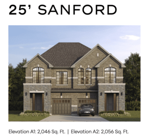 Exterior rendering of 25’ Sanford semi-detached home with double garage, brick and stone facade, and arched upper windows