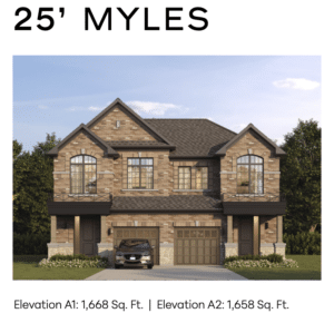 Front view of 25’ Myles semi-detached home featuring warm-toned brick, decorative balconies, and double garage