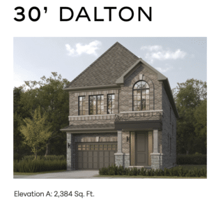 Exterior of the 30’ Dalton single-family home with steep gable roof, arched window, and brick-stone front garage