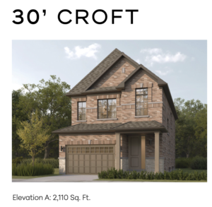 Exterior rendering of 30’ Croft detached home with clean brick lines, columned porch, and single-car garage