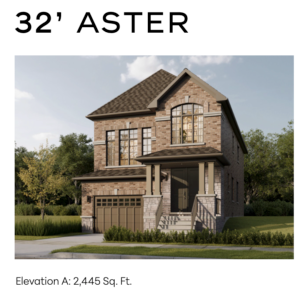 Front elevation of 32’ Aster detached home with raised porch entry, tall arched window, and brick with stone details