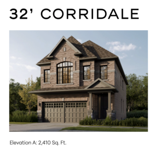 32’ Corridale detached home with large front-facing windows, peaked roof, and double garage