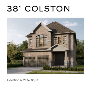 Front rendering of 38’ Colston single home with double garage, brick facade, and symmetrical front-facing windows