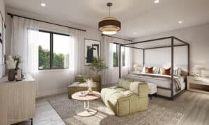 Modern bedroom with canopy bed, green lounge chairs, large windows, and neutral décor