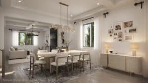 Bright dining room with 8-seat table, modern chandelier, and adjacent living area with light-toned furniture