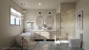 Bathroom with freestanding tub, double vanity, glass shower, and elegant pendant lighting