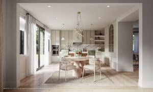 Modern kitchen with marble backsplash, island seating, and a round breakfast table with green chairs