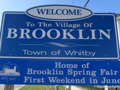 Welcome sign to the Village of Brooklin in the Town of Whitby